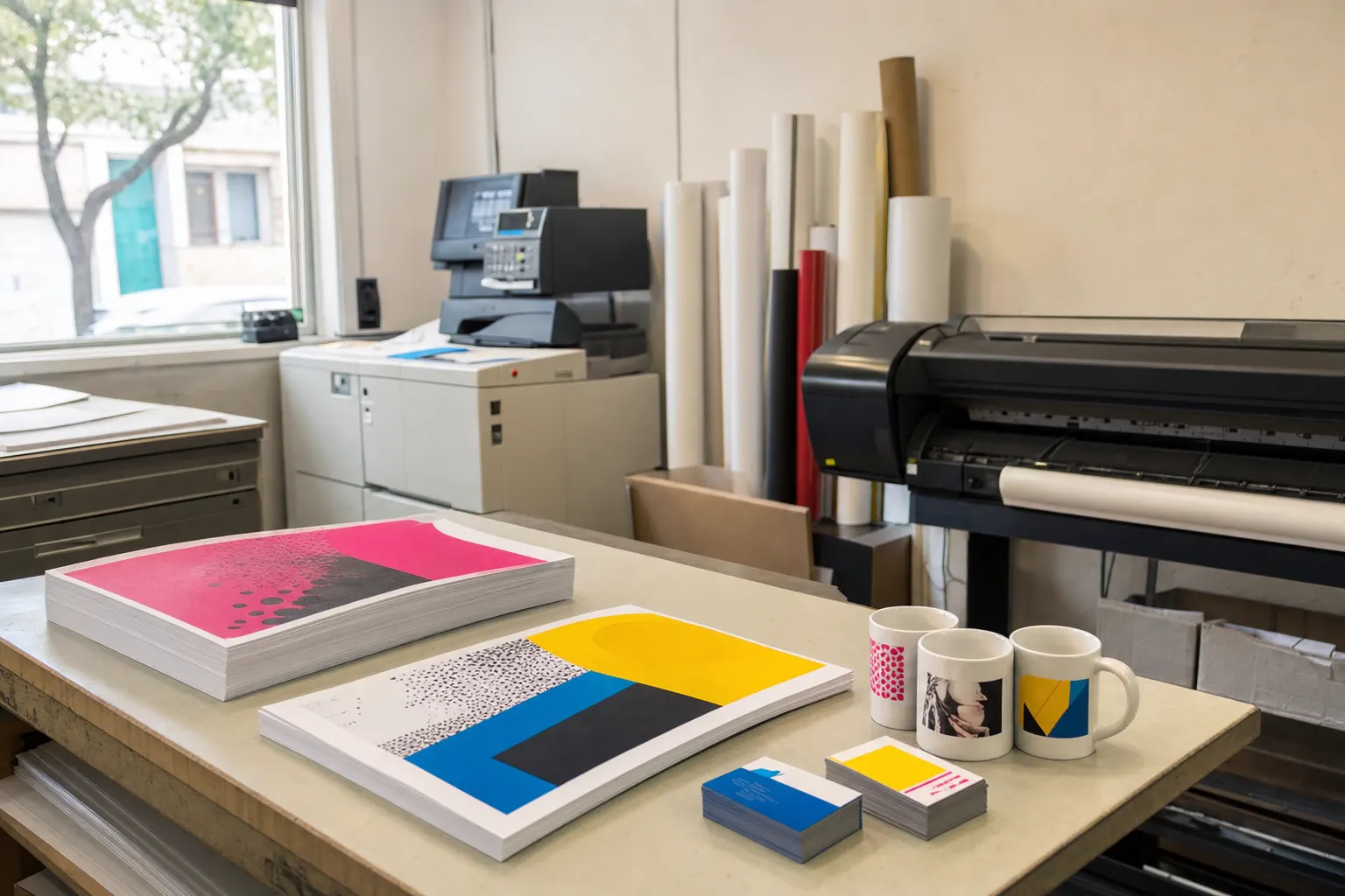 Interior da Casa da Impressão: bancada com impressos coloridos, canecas personalizadas e plotter de grande formato