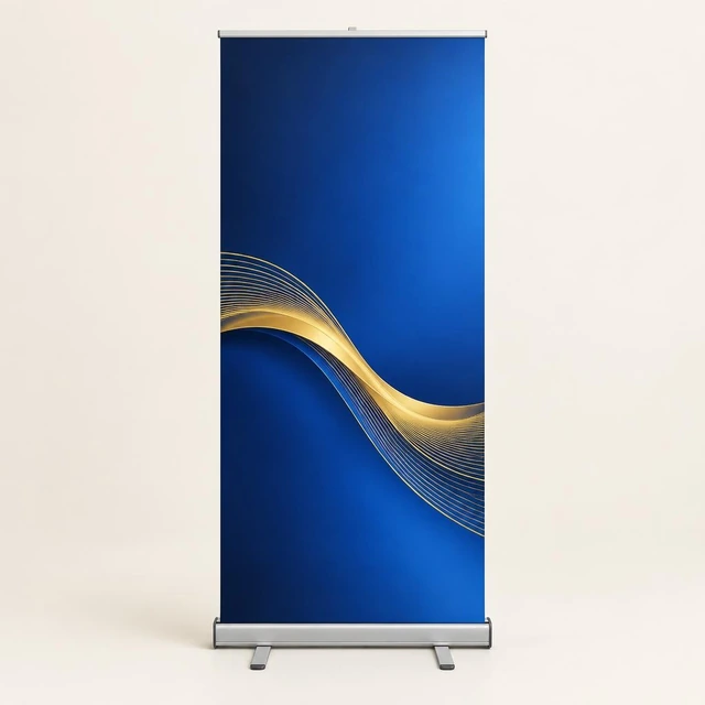 Banner azul com onda dourada em suporte retrátil de chão