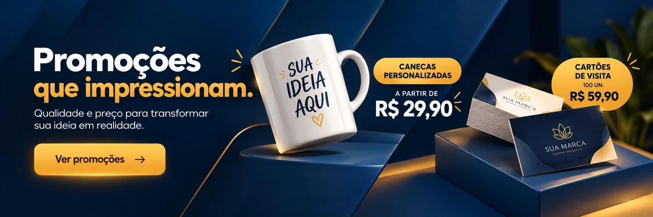 Promoções que impressionam. Qualidade e preço para transformar sua ideia em realidade. Canecas personalizadas a partir de R$ 29,90. Cartões de visita, 100 unidades, R$ 59,90. Ver promoções.